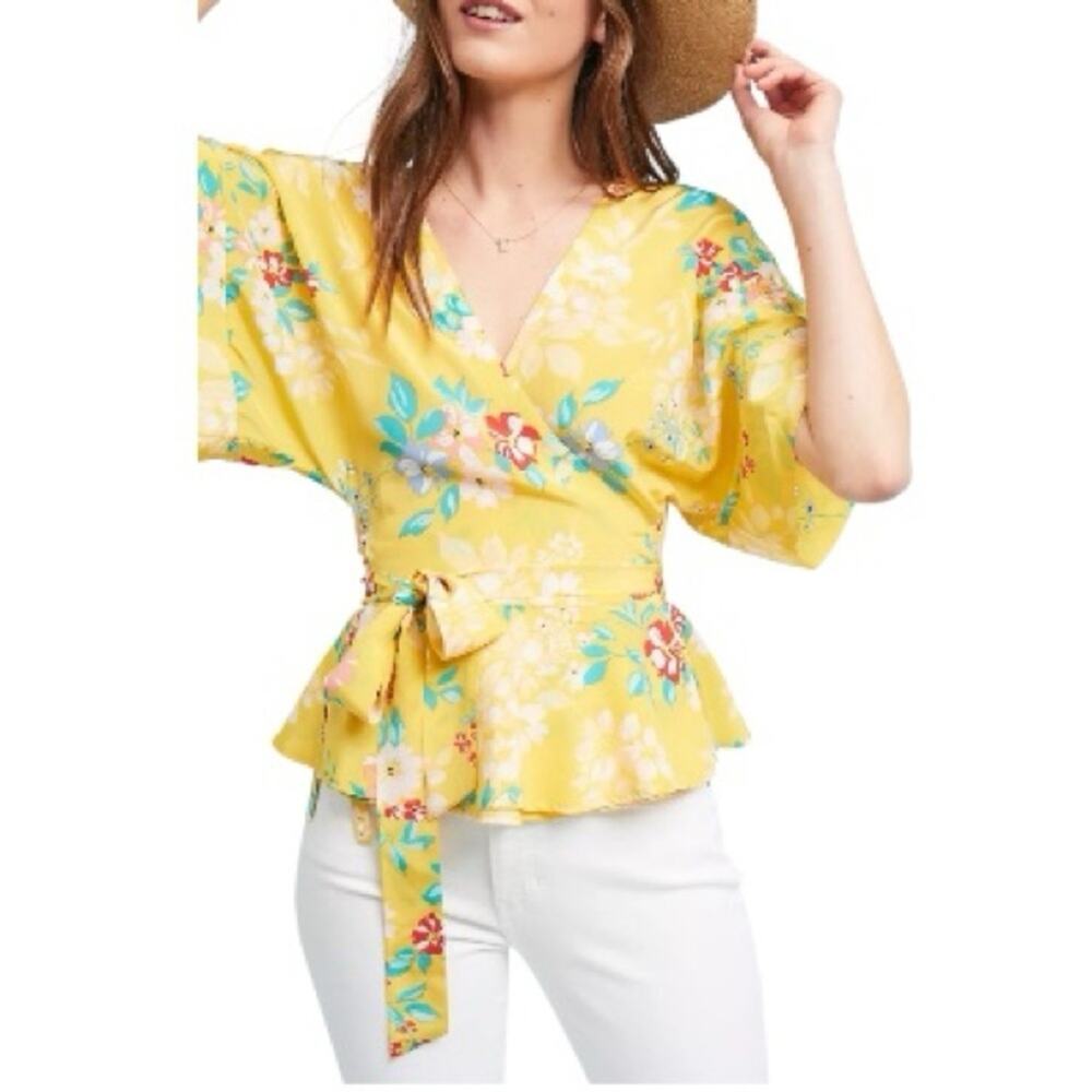 Anthropologie Yumi Kim Happy Days Peplum Yellow Floral Silk Wrap Blouse sz S